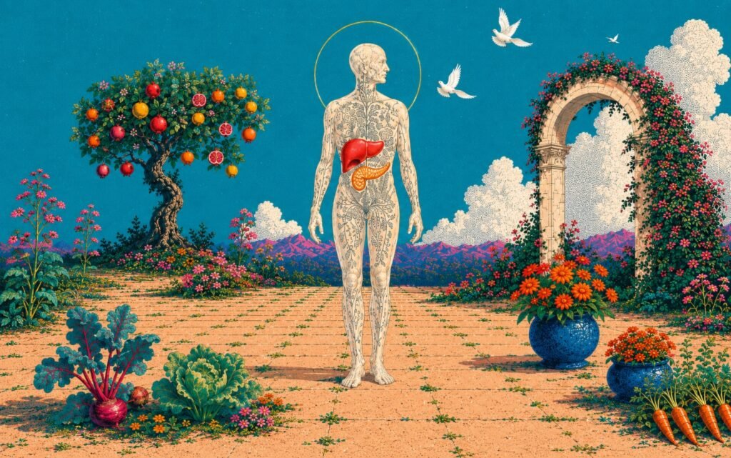 Human figure with liver and pancreas in nature
